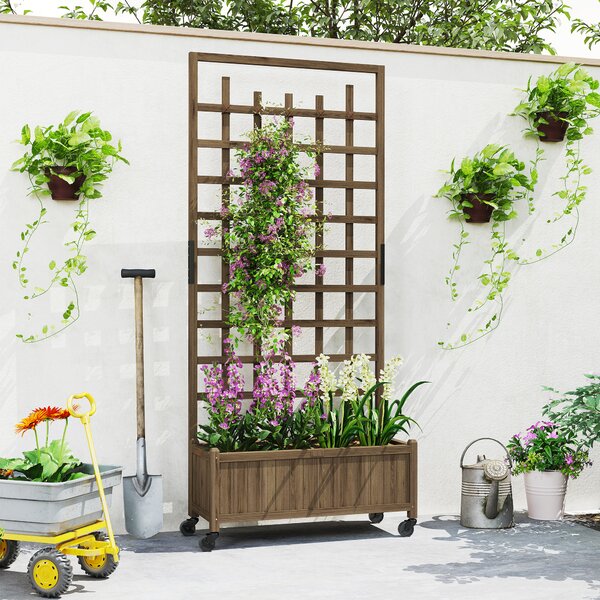 Outsunny Wooden Trellis Planter, Raised Garden Bed with Wheels and Bed Liner, to Climb and Grow Vegetables, Herbs and Flowers