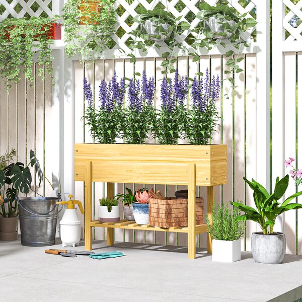 Outsunny 71cm Elevated Wooden Garden Bed, Liner & Drainage, 100x30cm Planter with Shelf, for Veggies, Flowers & Herbs, Natural Finish
