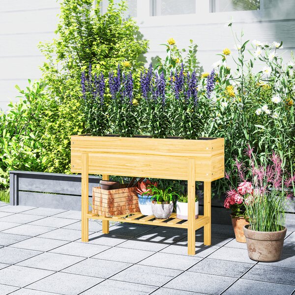 Outsunny 71cm Elevated Wooden Garden Bed, Liner & Drainage, 100x30cm Planter with Shelf, for Veggies, Flowers & Herbs, Natural Finish