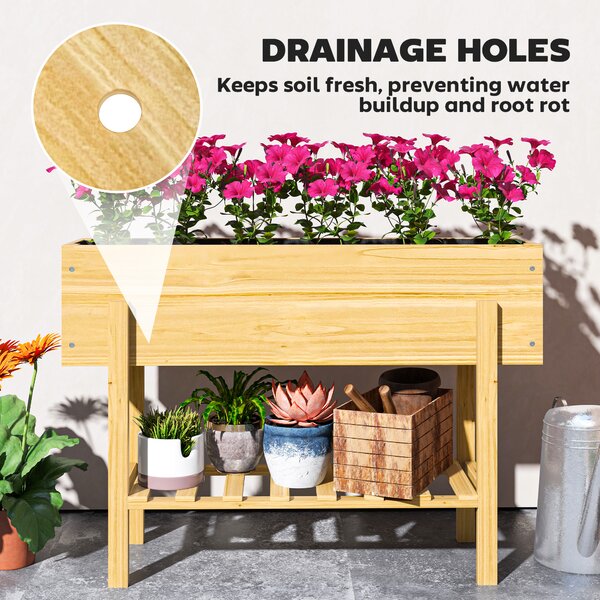Outsunny 71cm Elevated Wooden Garden Bed, Liner & Drainage, 100x30cm Planter with Shelf, for Veggies, Flowers & Herbs, Natural Finish