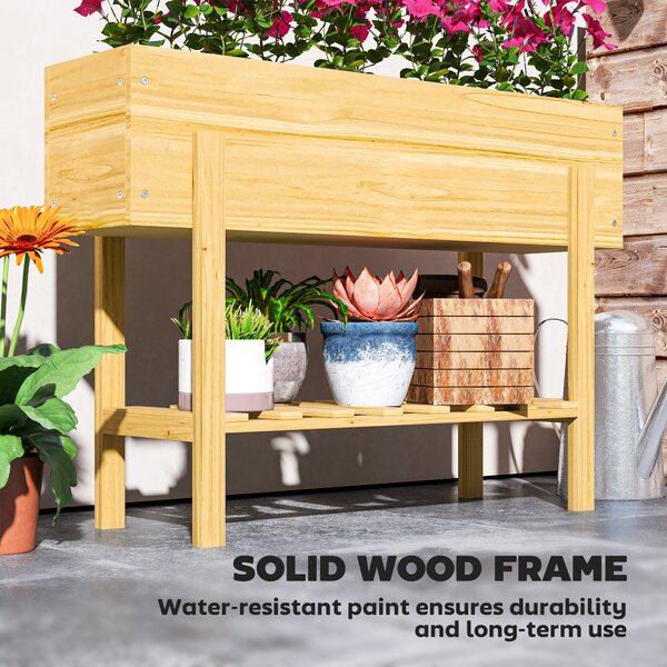 Outsunny 71cm Elevated Wooden Garden Bed, Liner & Drainage, 100x30cm Planter with Shelf, for Veggies, Flowers & Herbs, Natural Finish