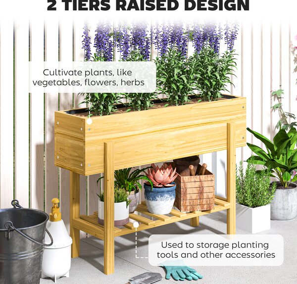 Outsunny 71cm Elevated Wooden Garden Bed, Liner & Drainage, 100x30cm Planter with Shelf, for Veggies, Flowers & Herbs, Natural Finish