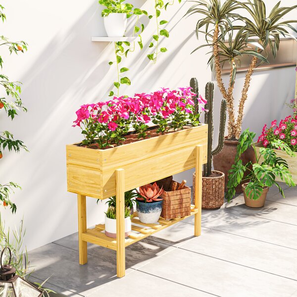 Outsunny 71cm Elevated Wooden Garden Bed, Liner & Drainage, 100x30cm Planter with Shelf, for Veggies, Flowers & Herbs, Natural Finish
