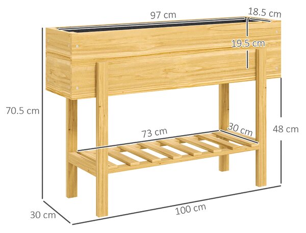 Outsunny 71cm Elevated Wooden Garden Bed, Liner & Drainage, 100x30cm Planter with Shelf, for Veggies, Flowers & Herbs, Natural Finish