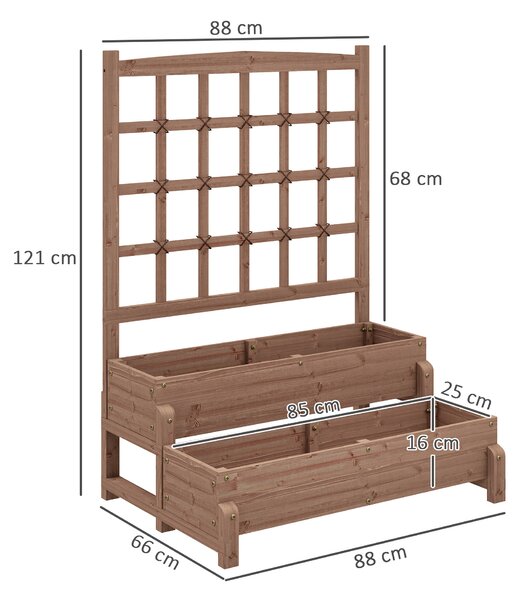 Outsunny 2-Tier Raised Garden Bed with Trellis, Wooden Elevated Planter Box with Drainage Holes, Outdoor Raised Planter for Climbing Plants, Fruits, Vegetables, Flowers, Brown