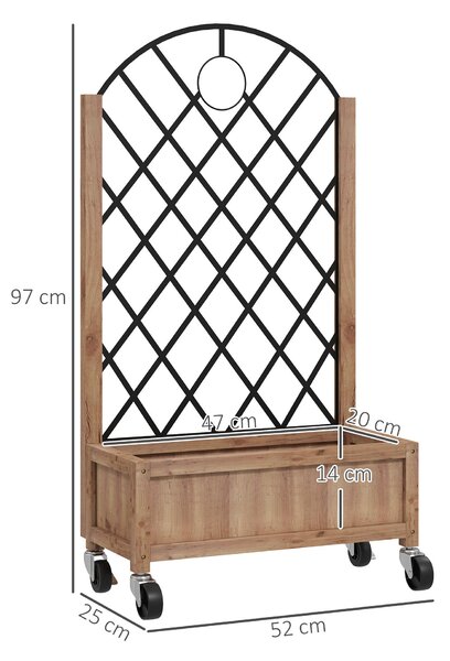Outsunny Raised Garden Bed with Metal Trellis, Wooden Elevated Planter Box with Wheels and Drainage Holes, Outdoor Raised Planter for Climbing Plants, Fruits, Vegetables, Flowers, Brown