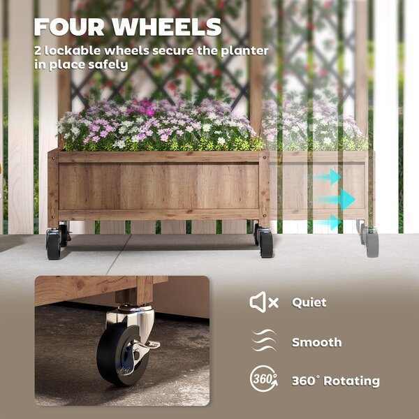 Outsunny Raised Garden Bed with Metal Trellis, Wooden Elevated Planter Box with Wheels and Drainage Holes, Outdoor Raised Planter for Climbing Plants, Fruits, Vegetables, Flowers, Brown