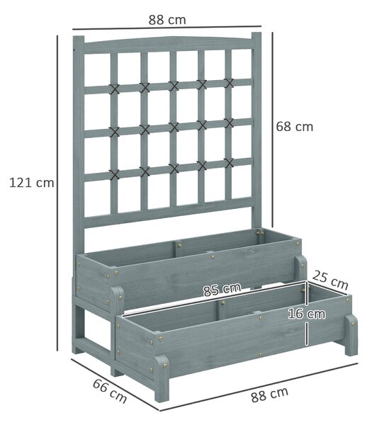 Outsunny 2-Tier Raised Garden Bed with Trellis, Wooden Elevated Planter Box with Drainage Holes, Outdoor Raised Planter for Climbing Plants, Fruits, Vegetables, Flowers, Grey