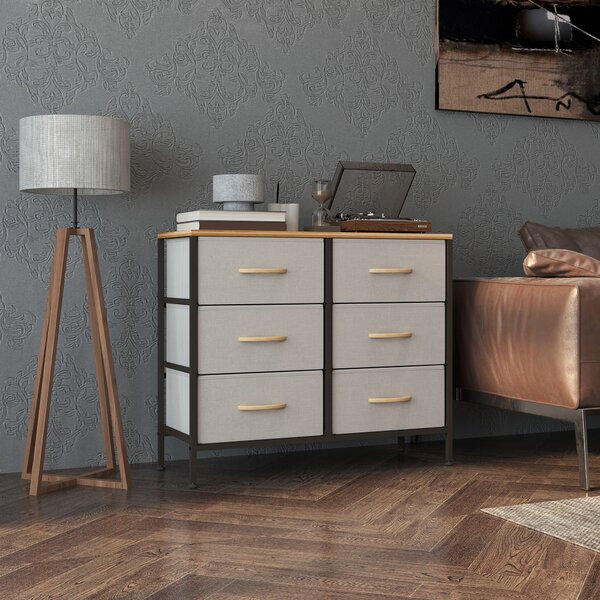 HOMCOM Fabric Chest of Drawers, Industrial Storage Bedroom Dresser with 6 Fabric Drawers, Steel Frame and Wooden Top for Nursery, Living Room, Hallway, Cream White