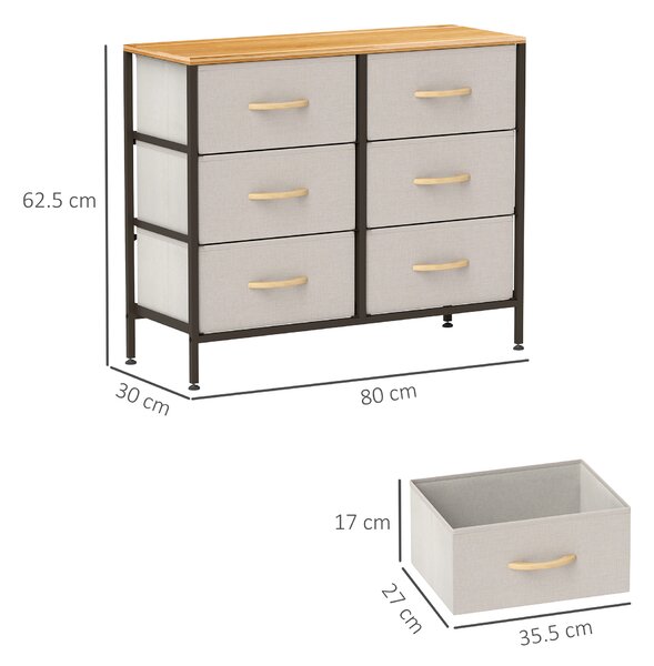 HOMCOM Fabric Chest of Drawers, Industrial Storage Bedroom Dresser with 6 Fabric Drawers, Steel Frame and Wooden Top for Nursery, Living Room, Hallway, Cream White