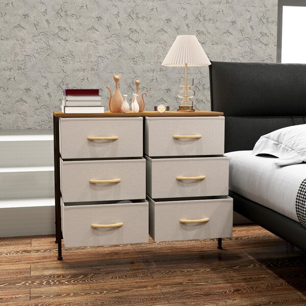 HOMCOM Fabric Chest of Drawers, Industrial Storage Bedroom Dresser with 6 Fabric Drawers, Steel Frame and Wooden Top for Nursery, Living Room, Hallway, Cream White