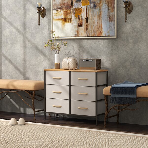 HOMCOM Fabric Chest of Drawers, Industrial Storage Bedroom Dresser with 6 Fabric Drawers, Steel Frame and Wooden Top for Nursery, Living Room, Hallway, Cream White