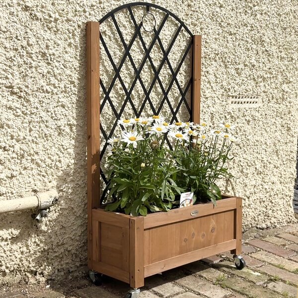 Outsunny Raised Garden Bed with Metal Trellis, Pack of 2 Wooden Elevated Planter Box with Wheels and Drainage Holes, Outdoor Raised Planter for Climbing Plants, Fruits, Vegetables, Flowers, Brown