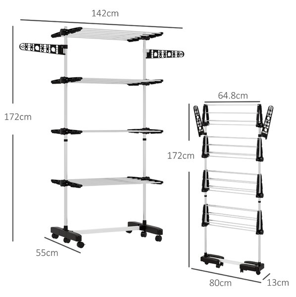 HOMCOM Four-Shelf Collapsing Clothes Horse, With Side Arms and Wheels - Black