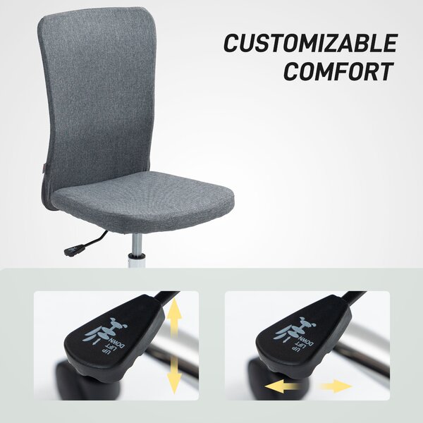 HOMCOM Armless Computer Desk Chair, Fabric Swivel Office Chair, Anti-Scratch Chair with Height Adjustable, Wheels, for Home, Grey Aosom UK