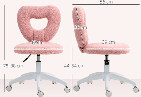 HOMCOM Armless Heart Computer Desk Chair, Teddy Fleece Swivel Office Chair, Makeup Vanity Chair with Height Adjustable, Wheels, for Home Study Bedroom, Pink
