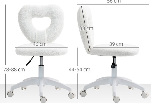 HOMCOM Armless Heart Computer Desk Chair, Teddy Fleece Swivel Office Chair, Makeup Vanity Chair with Height Adjustable, Wheels, for Home Study Bedroom, White