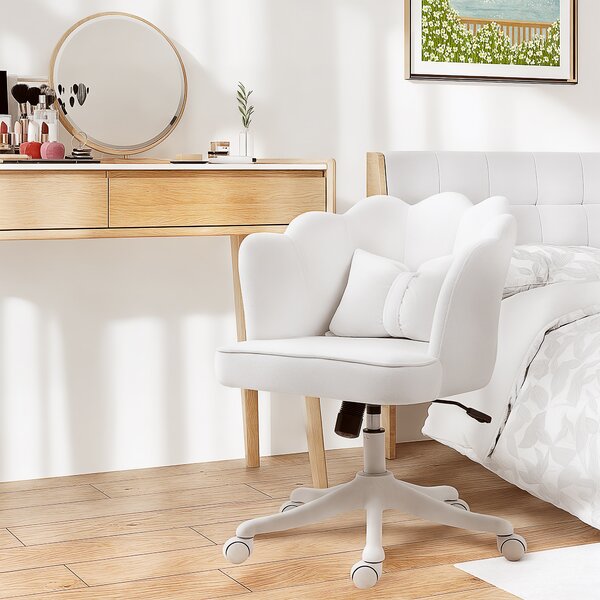 HOMCOM Velvet Office Chair with Petal Shell Back and Lumbar Pillow, Armless Desk Chair with Wide Seat, Tilt Function, Adjustable Height for Bedroom, White Aosom UK