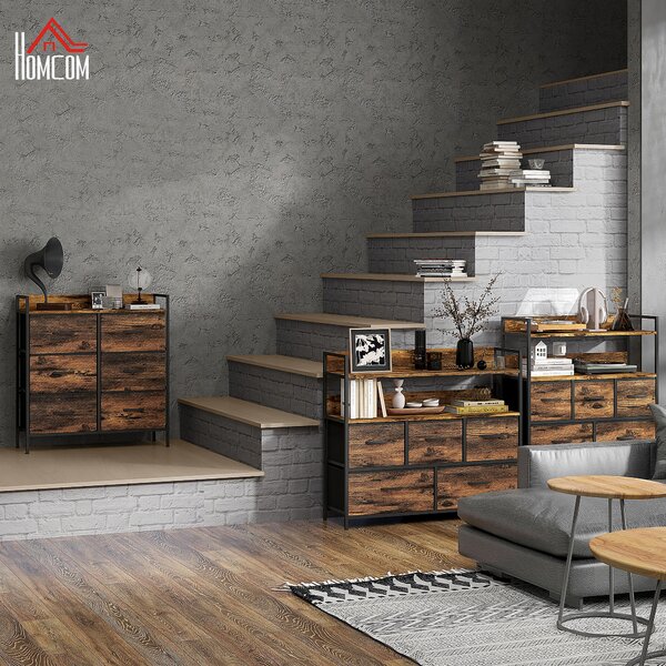 HOMCOM Rustic Chest of Six Fabric Drawers - Brown Wood Effect Aosom UK