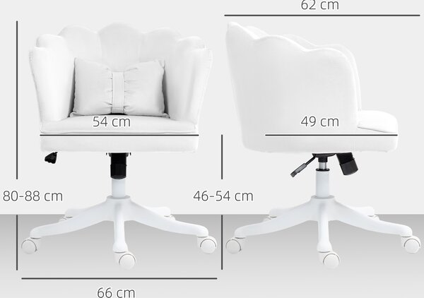HOMCOM Velvet Office Chair with Petal Shell Back and Lumbar Pillow, Armless Desk Chair with Wide Seat, Tilt Function, Adjustable Height for Bedroom, White Aosom UK
