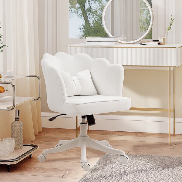 HOMCOM Velvet Office Chair with Petal Shell Back and Lumbar Pillow, Armless Desk Chair with Wide Seat, Tilt Function, Adjustable Height for Bedroom, White Aosom UK