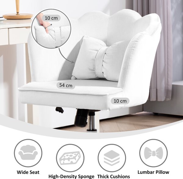 HOMCOM Velvet Office Chair with Petal Shell Back and Lumbar Pillow, Armless Desk Chair with Wide Seat, Tilt Function, Adjustable Height for Bedroom, White Aosom UK