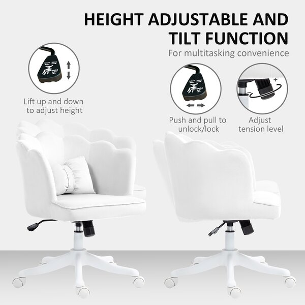 HOMCOM Velvet Office Chair with Petal Shell Back and Lumbar Pillow, Armless Desk Chair with Wide Seat, Tilt Function, Adjustable Height for Bedroom, White Aosom UK