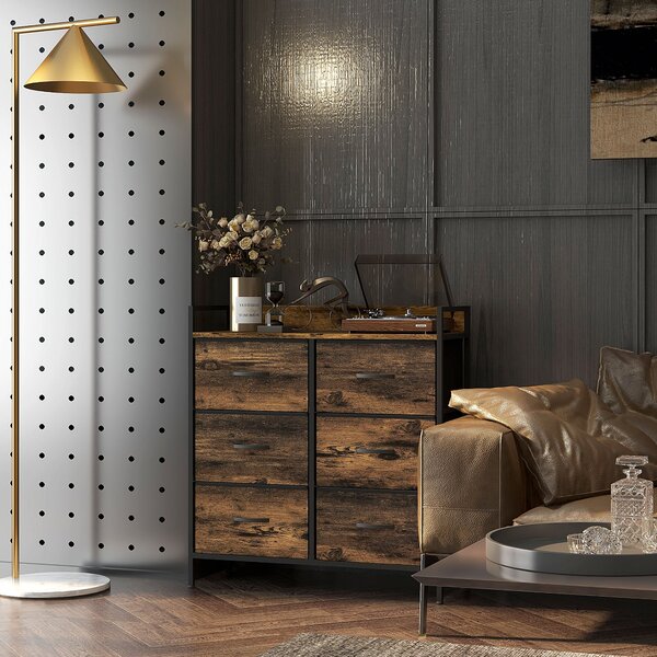 HOMCOM Rustic Chest of Six Fabric Drawers - Brown Wood Effect Aosom UK