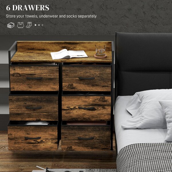 HOMCOM Rustic Chest of Six Fabric Drawers - Brown Wood Effect Aosom UK