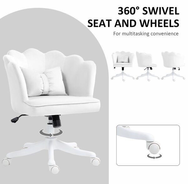 HOMCOM Velvet Office Chair with Petal Shell Back and Lumbar Pillow, Armless Desk Chair with Wide Seat, Tilt Function, Adjustable Height for Bedroom, White Aosom UK