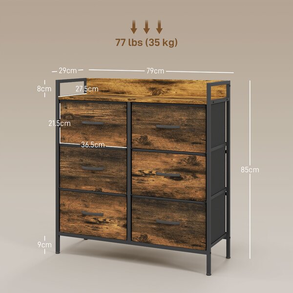 HOMCOM Rustic Chest of Six Fabric Drawers - Brown Wood Effect Aosom UK