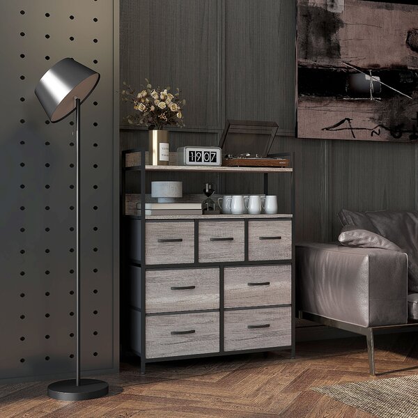HOMCOM Rustic Chest of Seven Fabric Drawers - Grey Wood Effect Aosom UK