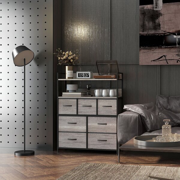 HOMCOM Rustic Chest of Seven Fabric Drawers - Grey Wood Effect Aosom UK