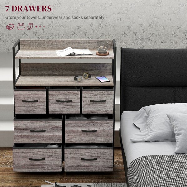 HOMCOM Rustic Chest of Seven Fabric Drawers - Grey Wood Effect Aosom UK