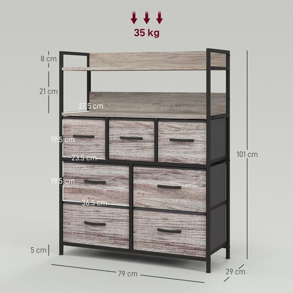 HOMCOM Rustic Chest of Seven Fabric Drawers - Grey Wood Effect Aosom UK