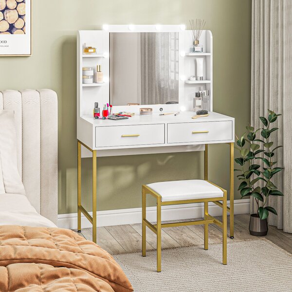 HOMCOM Dressing Table with Lighted Mirror, Cushioned Stool, Drawers, Shelves, Makeup Vanity Desk Set, Modern Dresser Vanity Table White Aosom UK