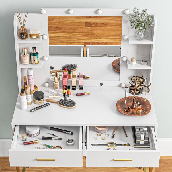 HOMCOM Dressing Table with Lighted Mirror, Cushioned Stool, Drawers, Shelves, Makeup Vanity Desk Set, Modern Dresser Vanity Table White Aosom UK