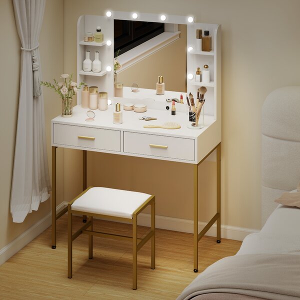 HOMCOM Dressing Table with Lighted Mirror, Cushioned Stool, Drawers, Shelves, Makeup Vanity Desk Set, Modern Dresser Vanity Table White Aosom UK