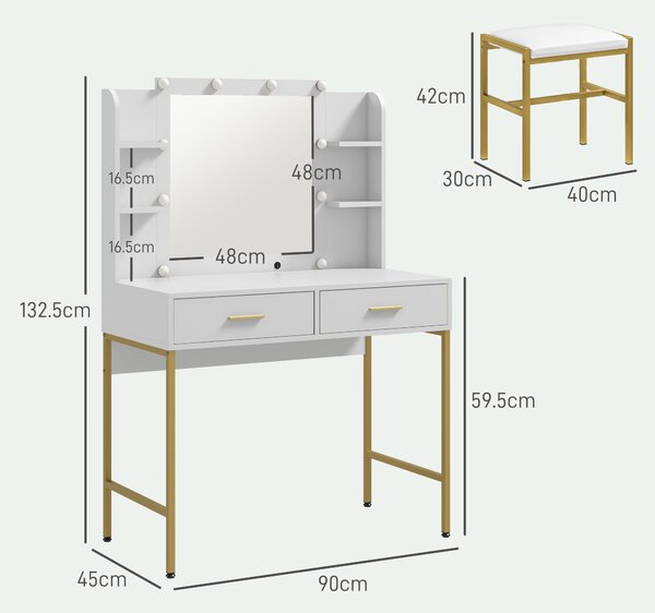 HOMCOM Dressing Table with Lighted Mirror, Cushioned Stool, Drawers, Shelves, Makeup Vanity Desk Set, Modern Dresser Vanity Table White Aosom UK