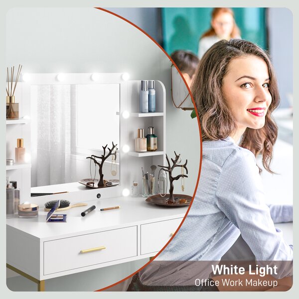 HOMCOM Dressing Table with Lighted Mirror, Cushioned Stool, Drawers, Shelves, Makeup Vanity Desk Set, Modern Dresser Vanity Table White Aosom UK