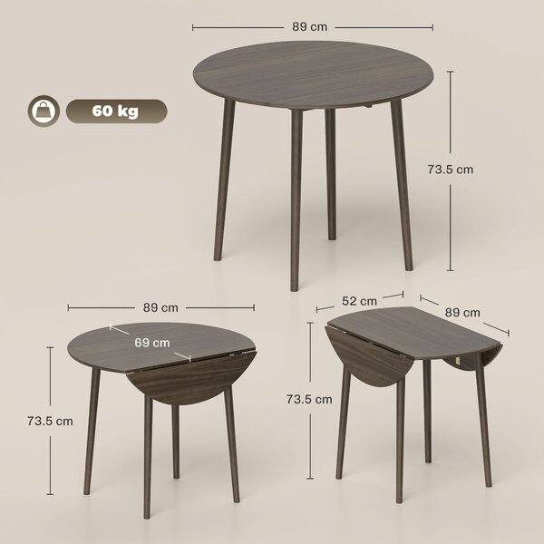 HOMCOM Folding Dining Table for 4, Round Drop Leaf Table, Modern Space Saving Small Kitchen Table with Wood Legs for Dining Room, Grey