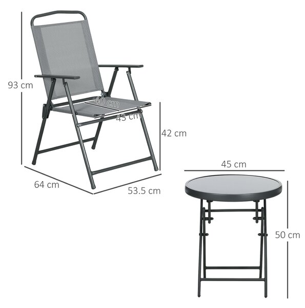Outsunny 3 Pcs Garden Table and Chairs, Outdoor Bistro Set, Patio Conversation Furniture Set w/ Foldable Armchairs, Glass Top Coffee Table, Light Grey