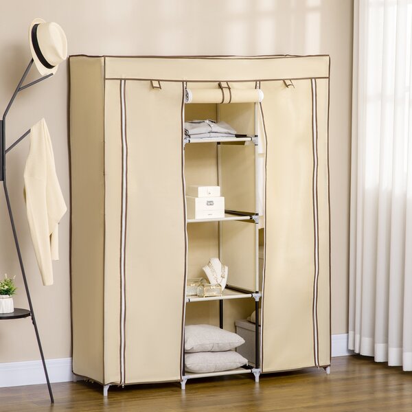 HOMCOM Fabric Wardrobe, Portable Wardrobe, Clothes Storage Unit with 8 Shelves, 2 Hanging Rods, 125 x 43 x 162.5 cm, Beige