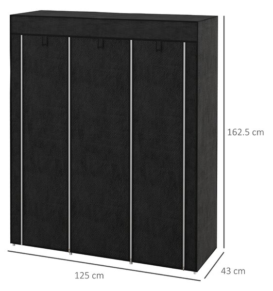HOMCOM Fabric Wardrobe, Portable Wardrobe, Clothes Storage Unit with 8 Shelves, 2 Hanging Rods, 125 x 43 x 162.5 cm, Black
