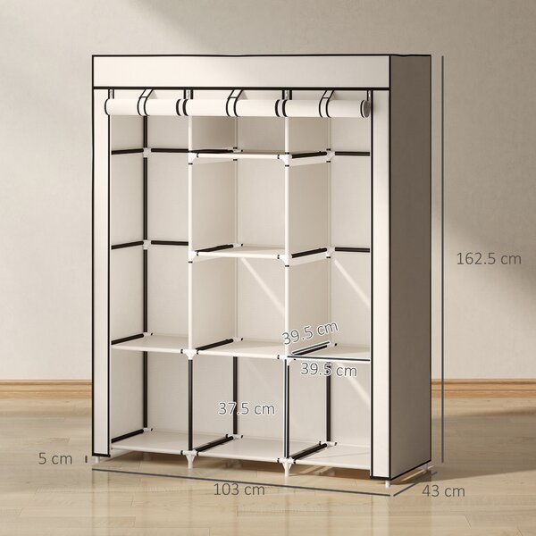 HOMCOM Fabric Wardrobe, Portable Wardrobe, Clothes Storage Unit with 8 Shelves, 2 Hanging Rods, 125 x 43 x 162.5 cm, Cream White