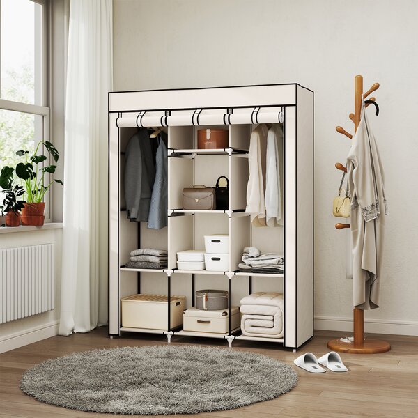 HOMCOM Fabric Wardrobe, Portable Wardrobe, Clothes Storage Unit with 8 Shelves, 2 Hanging Rods, 125 x 43 x 162.5 cm, Cream White