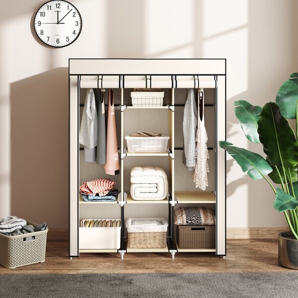 HOMCOM Fabric Wardrobe, Portable Wardrobe, Clothes Storage Unit with 8 Shelves, 2 Hanging Rods, 125 x 43 x 162.5 cm, Cream White
