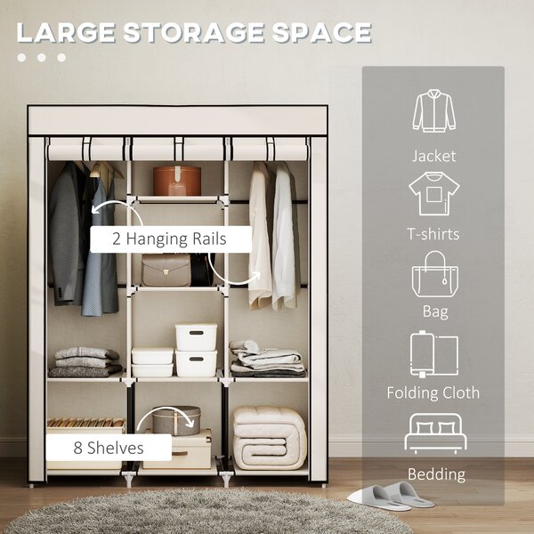 HOMCOM Fabric Wardrobe, Portable Wardrobe, Clothes Storage Unit with 8 Shelves, 2 Hanging Rods, 125 x 43 x 162.5 cm, Cream White