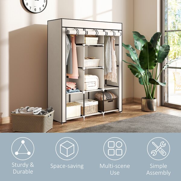 HOMCOM Fabric Wardrobe, Portable Wardrobe, Clothes Storage Unit with 8 Shelves, 2 Hanging Rods, 125 x 43 x 162.5 cm, Cream White