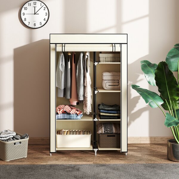 HOMCOM Fabric Wardrobe, Portable Wardrobe with 6 Shelves, 1 Hanging Rail, Foldable Closets, 103 x 43 x 162.5 cm, Cream White
